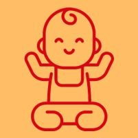 Square with gold background. Outline graphic of a baby in red. 