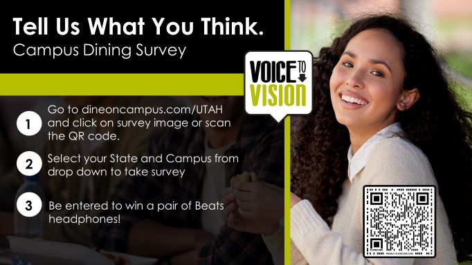 "tell us what you think. campus dining survey graphic with a QR code to take the survey."